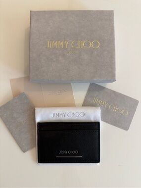 NIB Jimmy Choo Black Textured Leather Card Holder with Silver Trim
